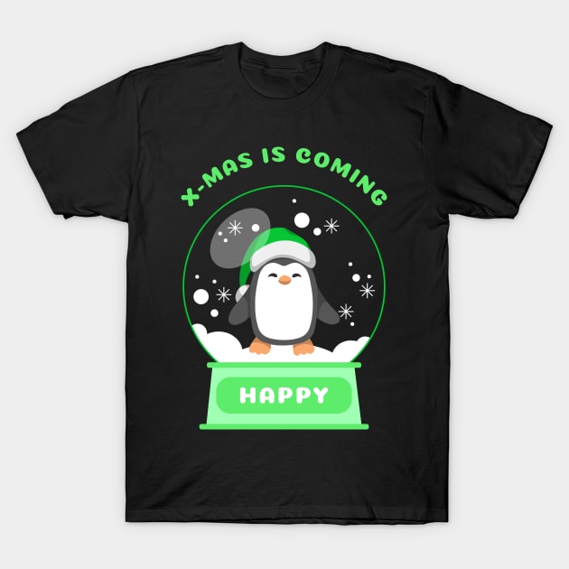 Xmas is Coming Happy Penguin (Green) T-Shirt by GideonStore